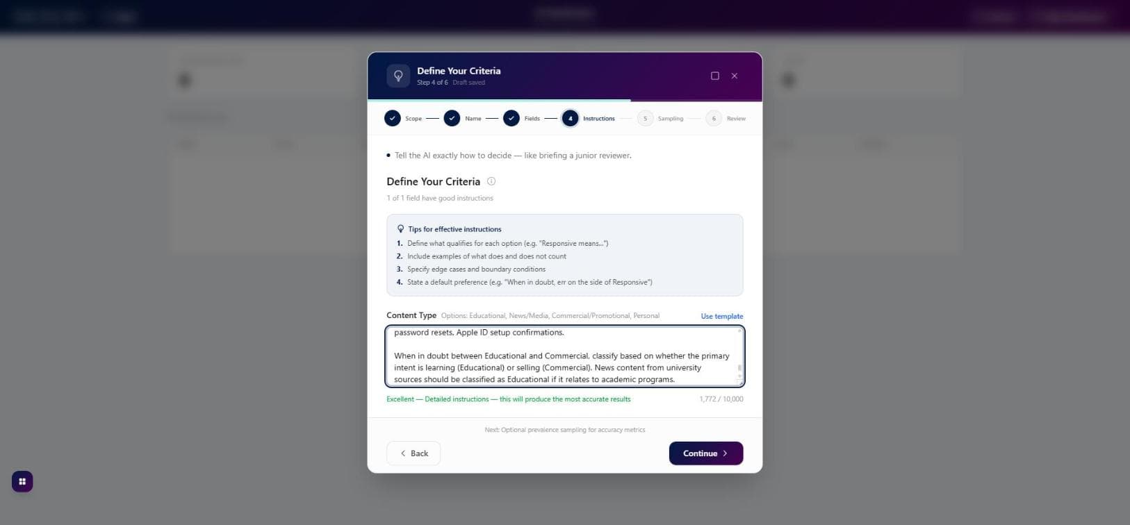 Classification wizard showing instruction quality rated as Excellent
