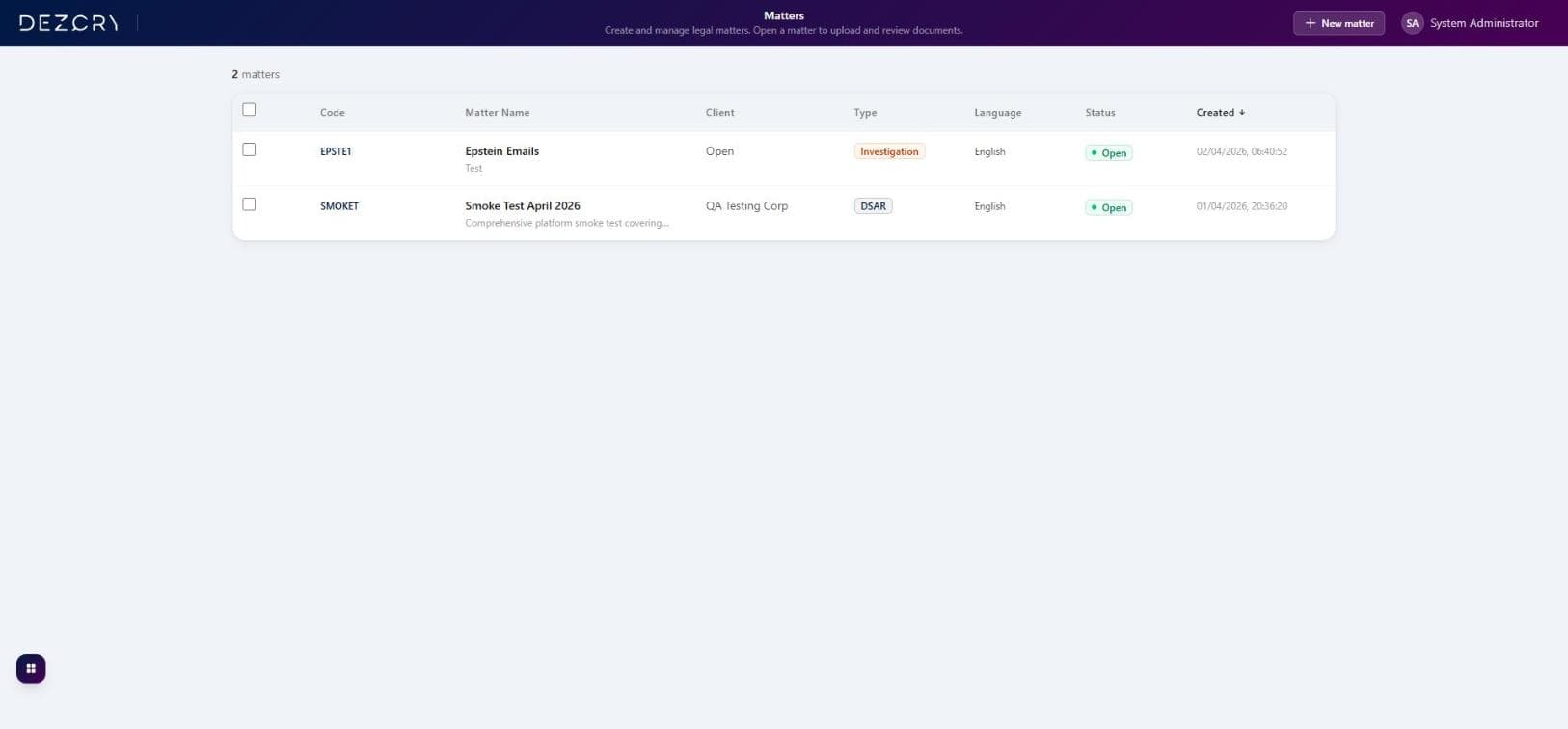 Dezcry-Vorgangsliste mit offenen Vorgängen, Typ und Status