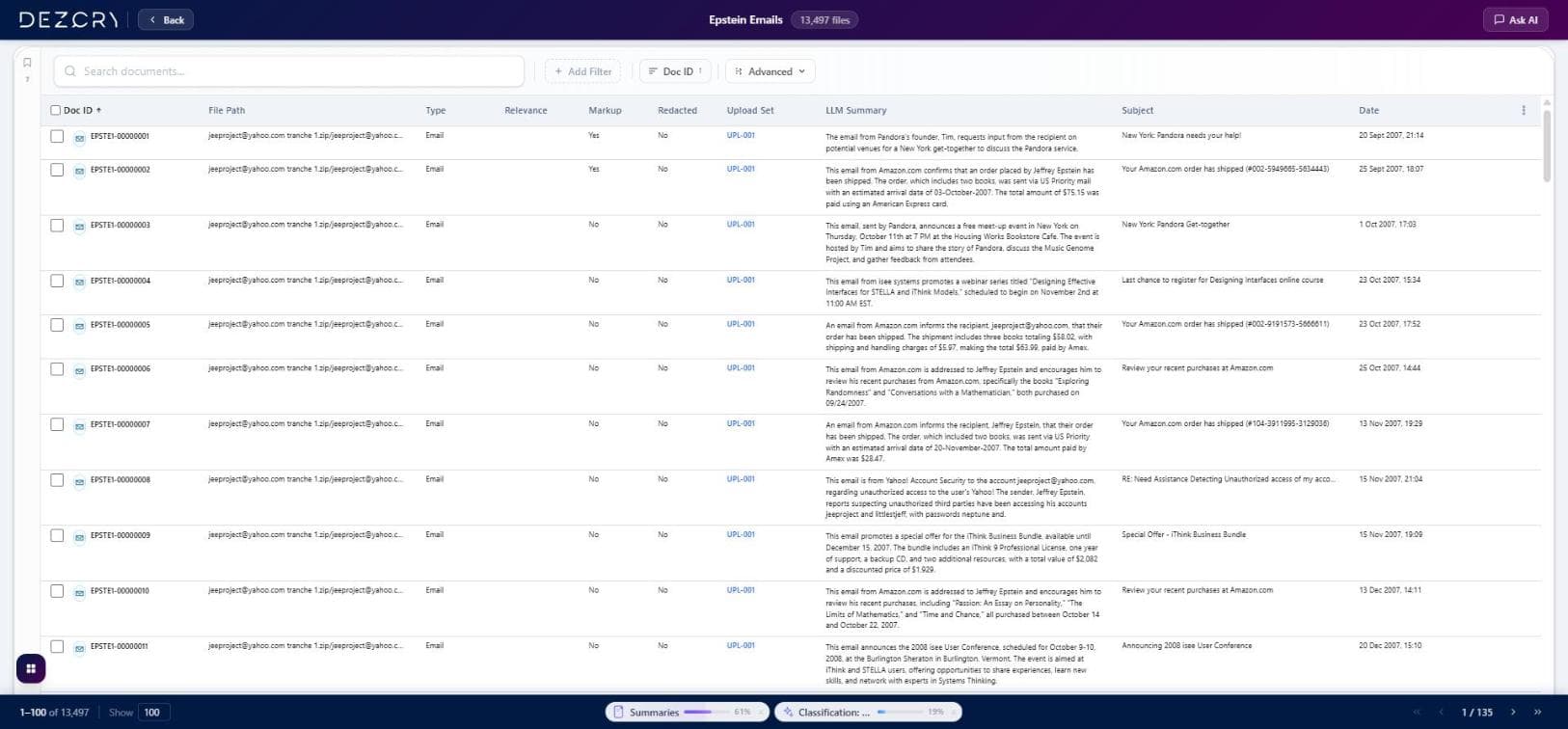 Dokumentenliste mit LLM-Zusammenfassungen, Klassifizierungsergebnis-Spalten und Fortschrittsanzeigen