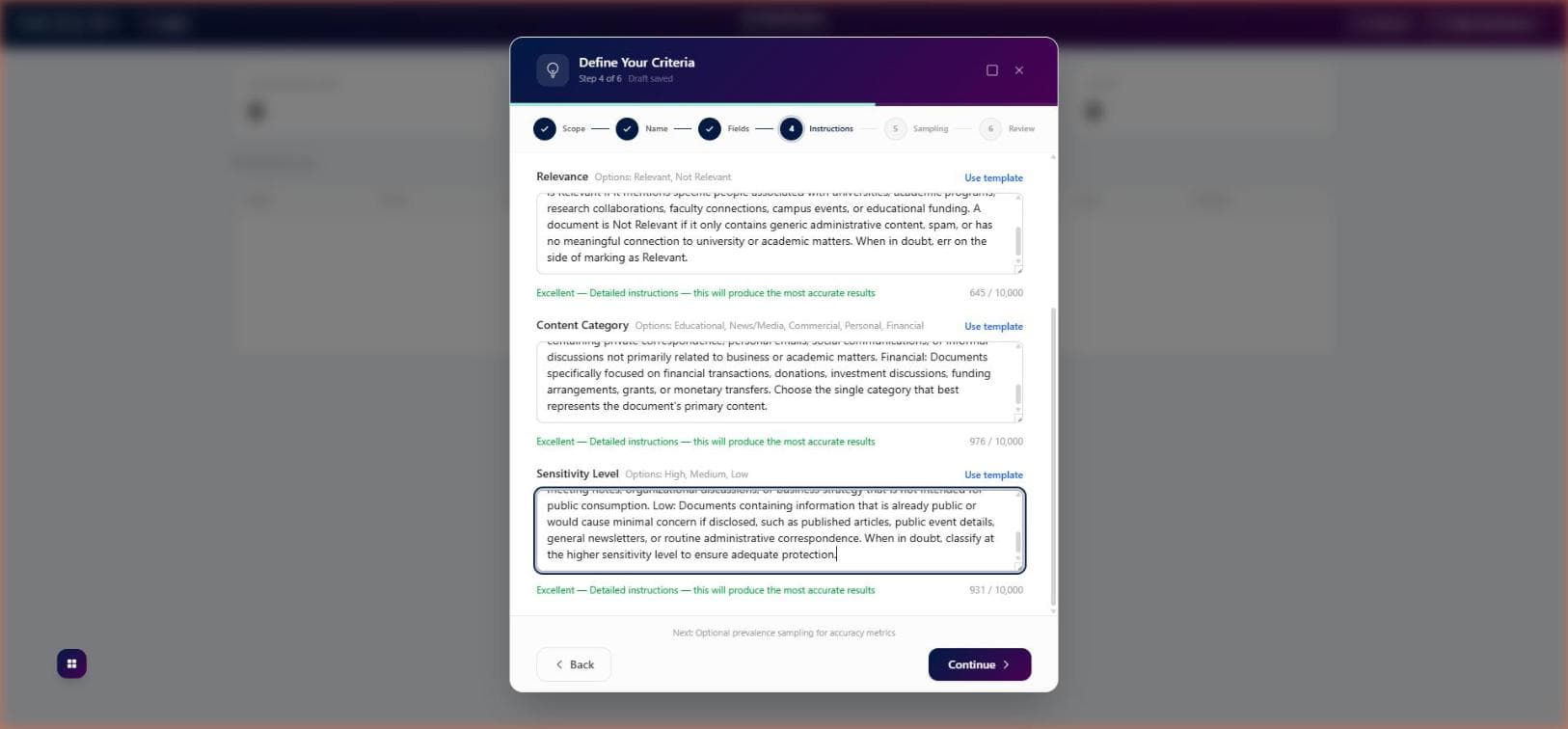 Classification wizard showing custom fields with detailed instructions rated as excellent