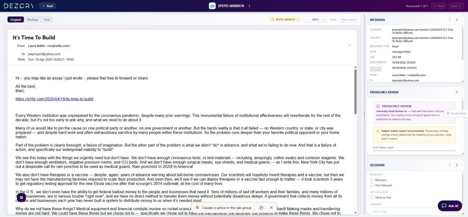 Dokumentenbetrachter mit Artikelinhalt, Markup-Tab und Metadaten-Panel