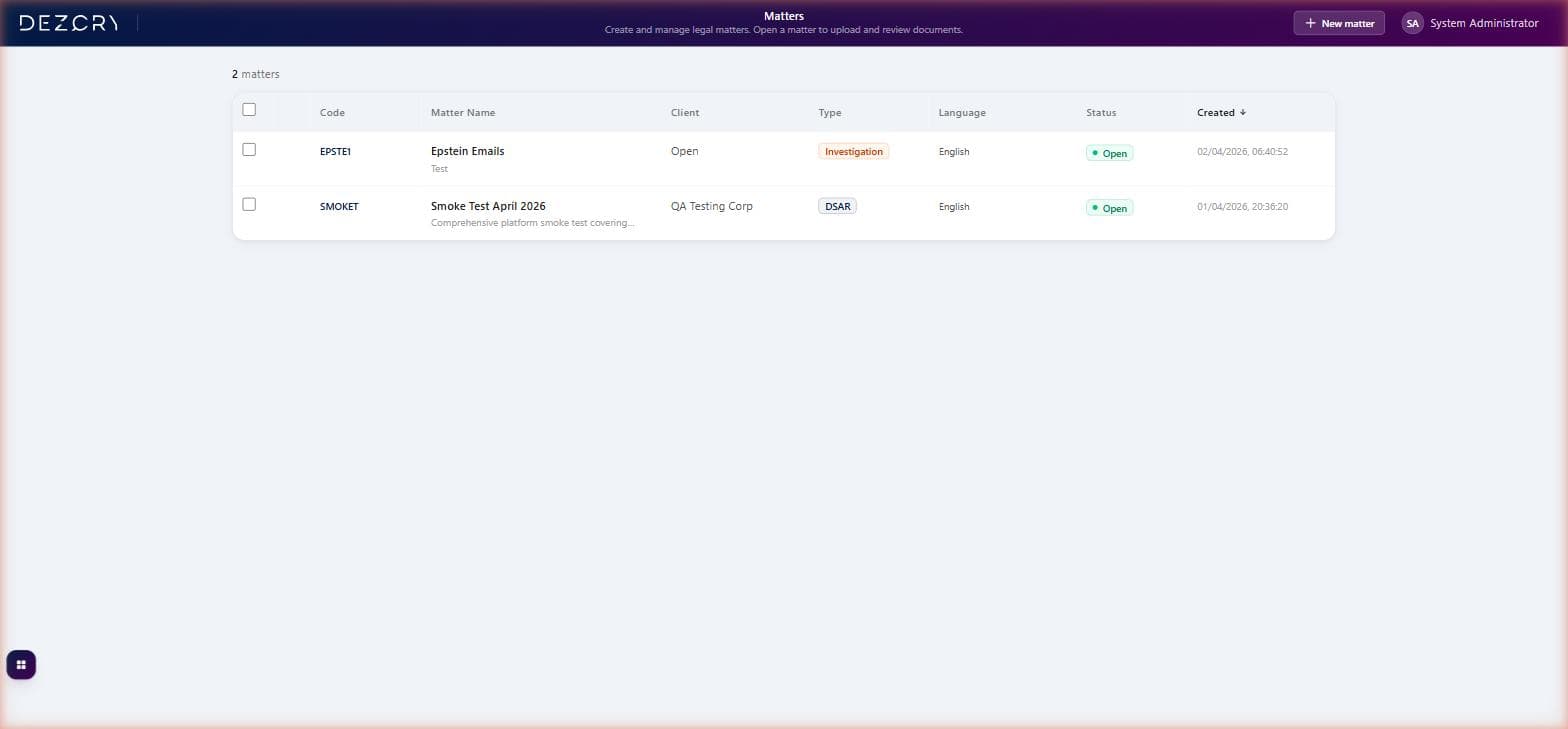 Dezcry matters list showing open matters with type, client, and status