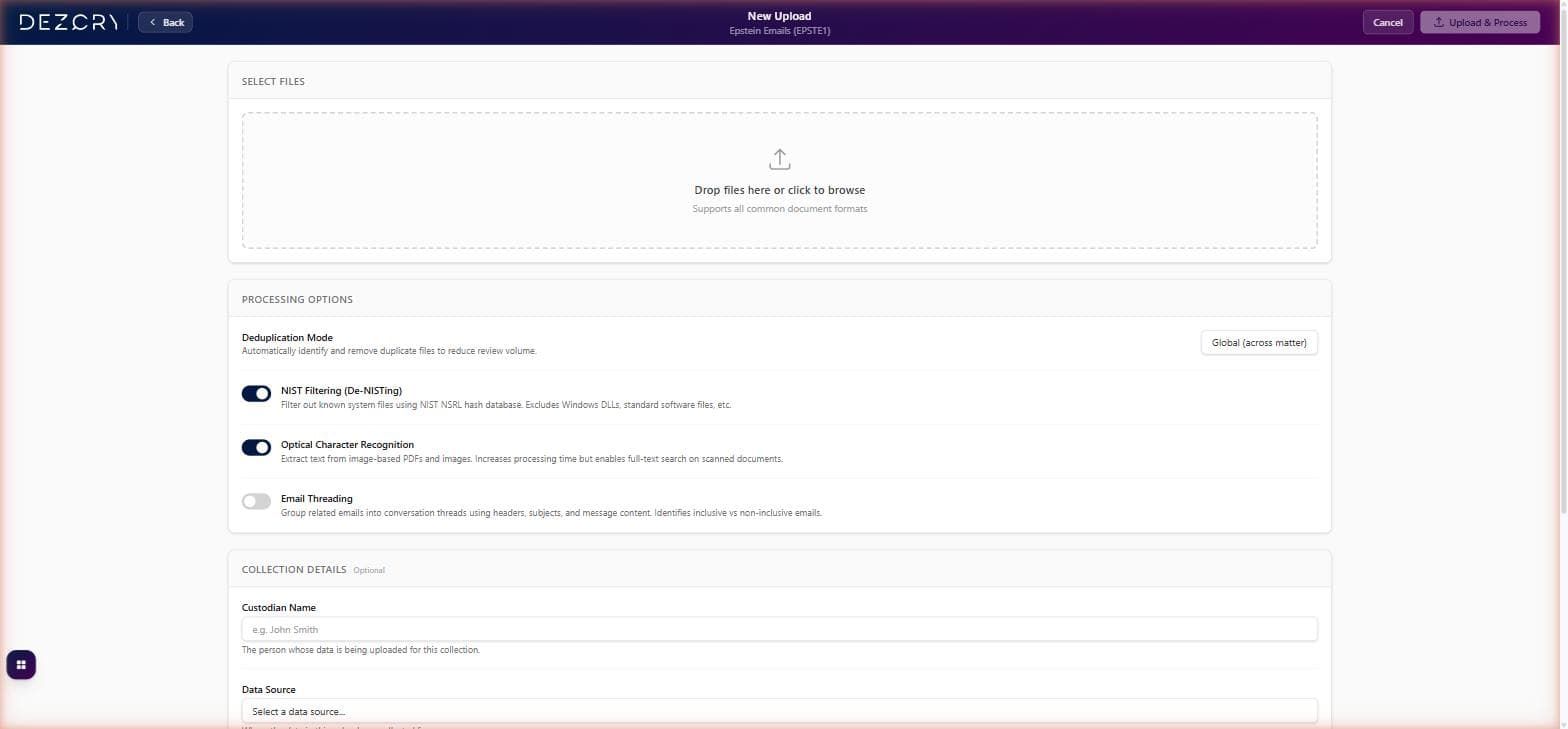 Upload form with drag-and-drop file selector, processing options, and custodian details