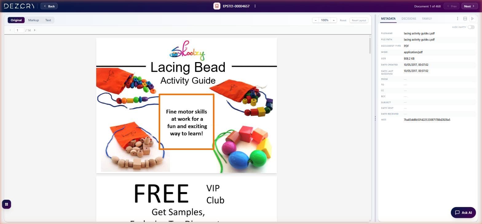 Document viewer showing PDF content with metadata panel displaying file properties, dates, and hashes