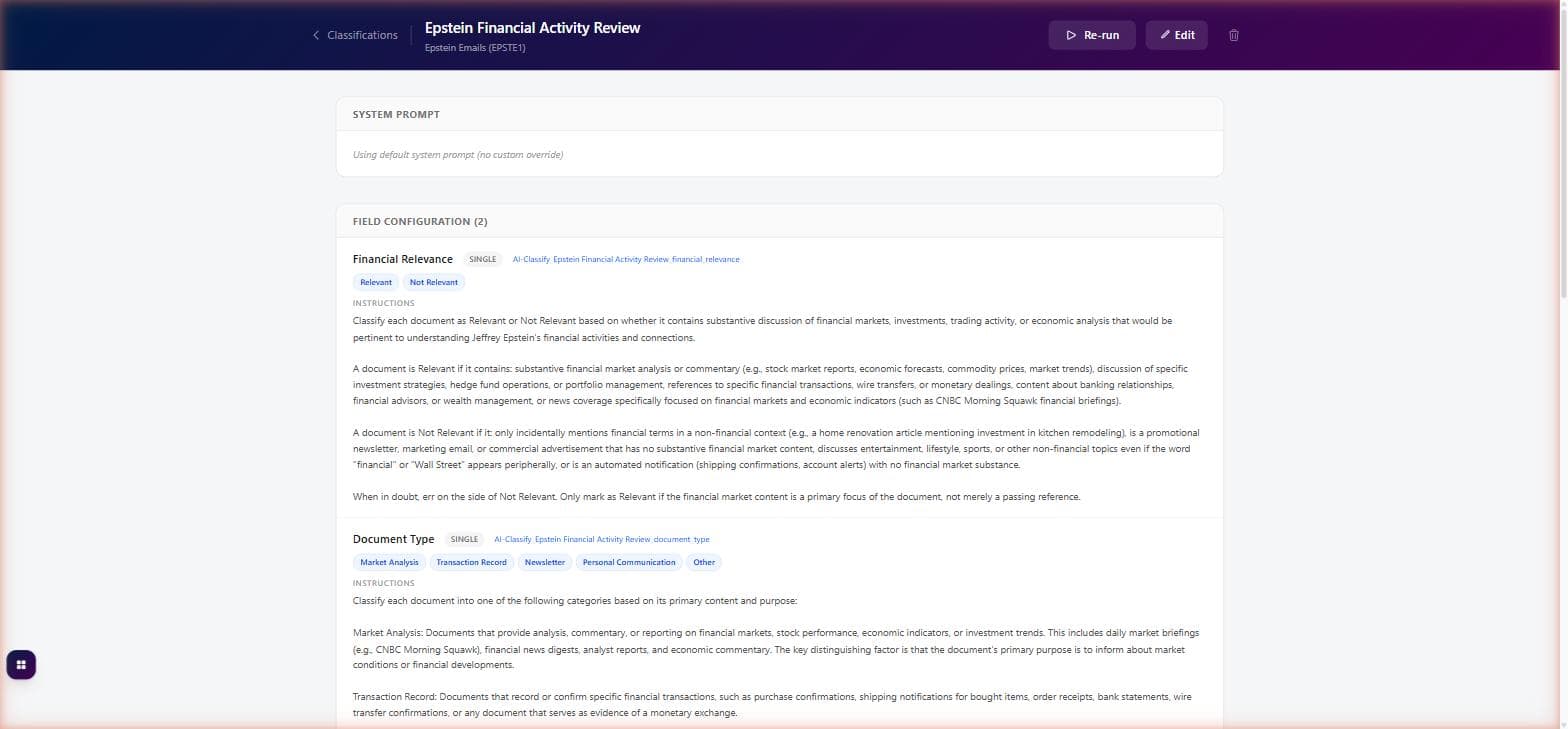 Classification set configuration with system prompt, field definitions, and value options