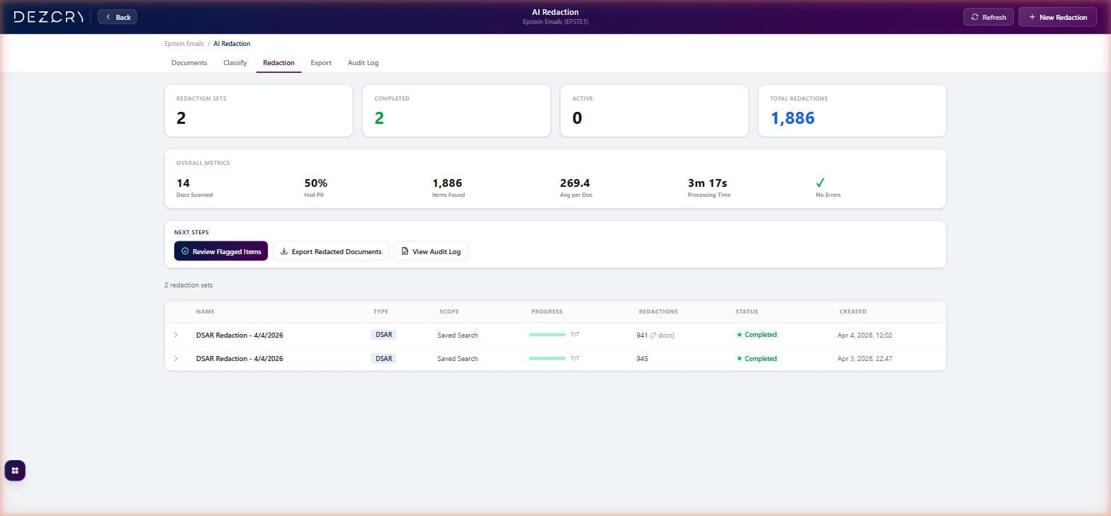 AI Redaction dashboard showing completed redaction sets with PII detection metrics