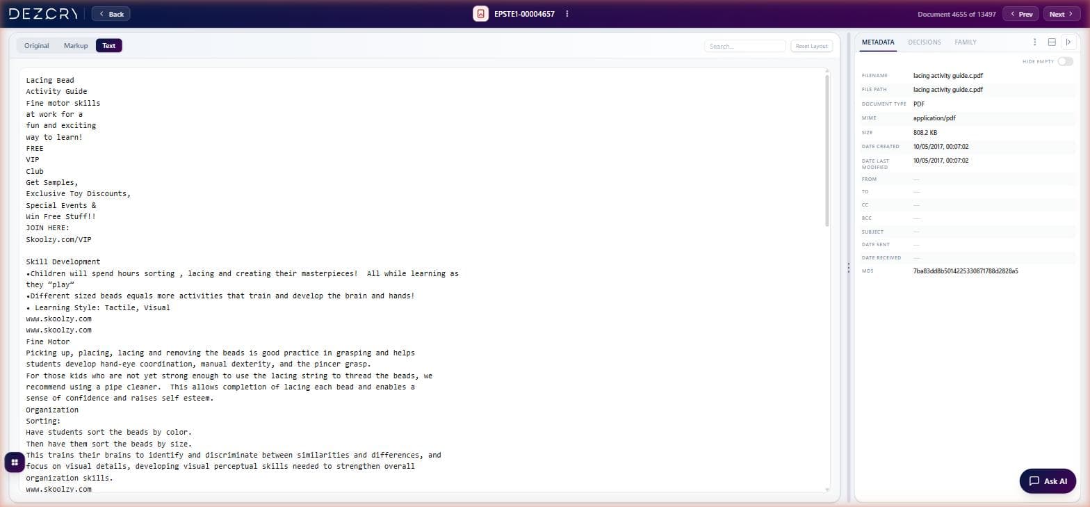 Document viewer Text tab showing extracted plain text content with metadata panel