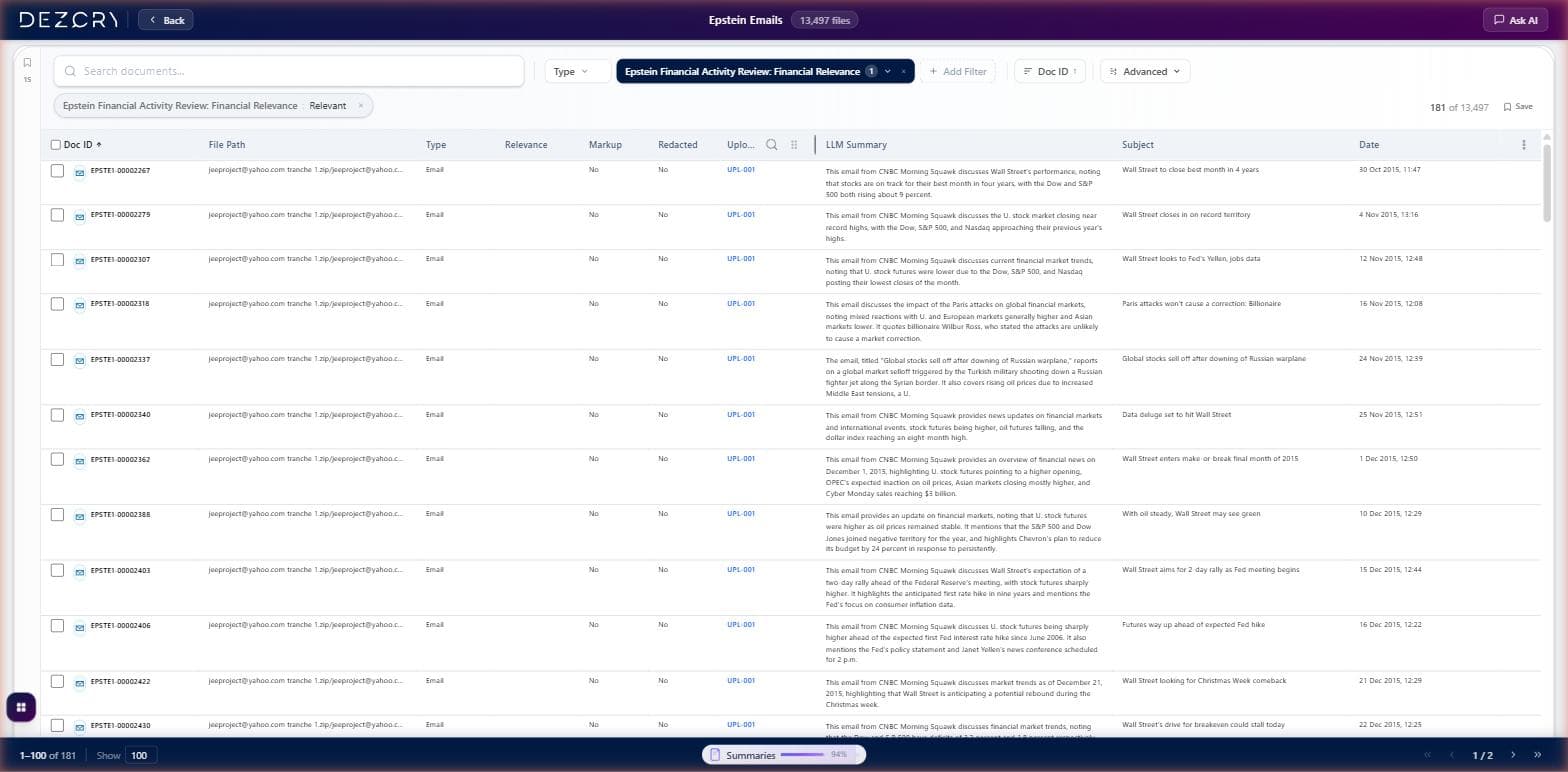 Document list with classification filters, LLM summaries, and document metadata columns