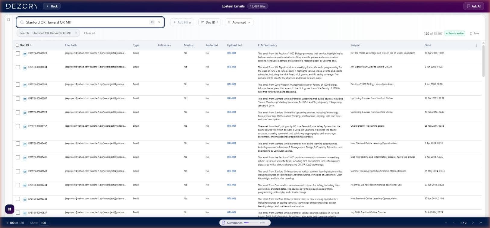 Search results showing boolean query with saved searches, LLM summaries, and document metadata